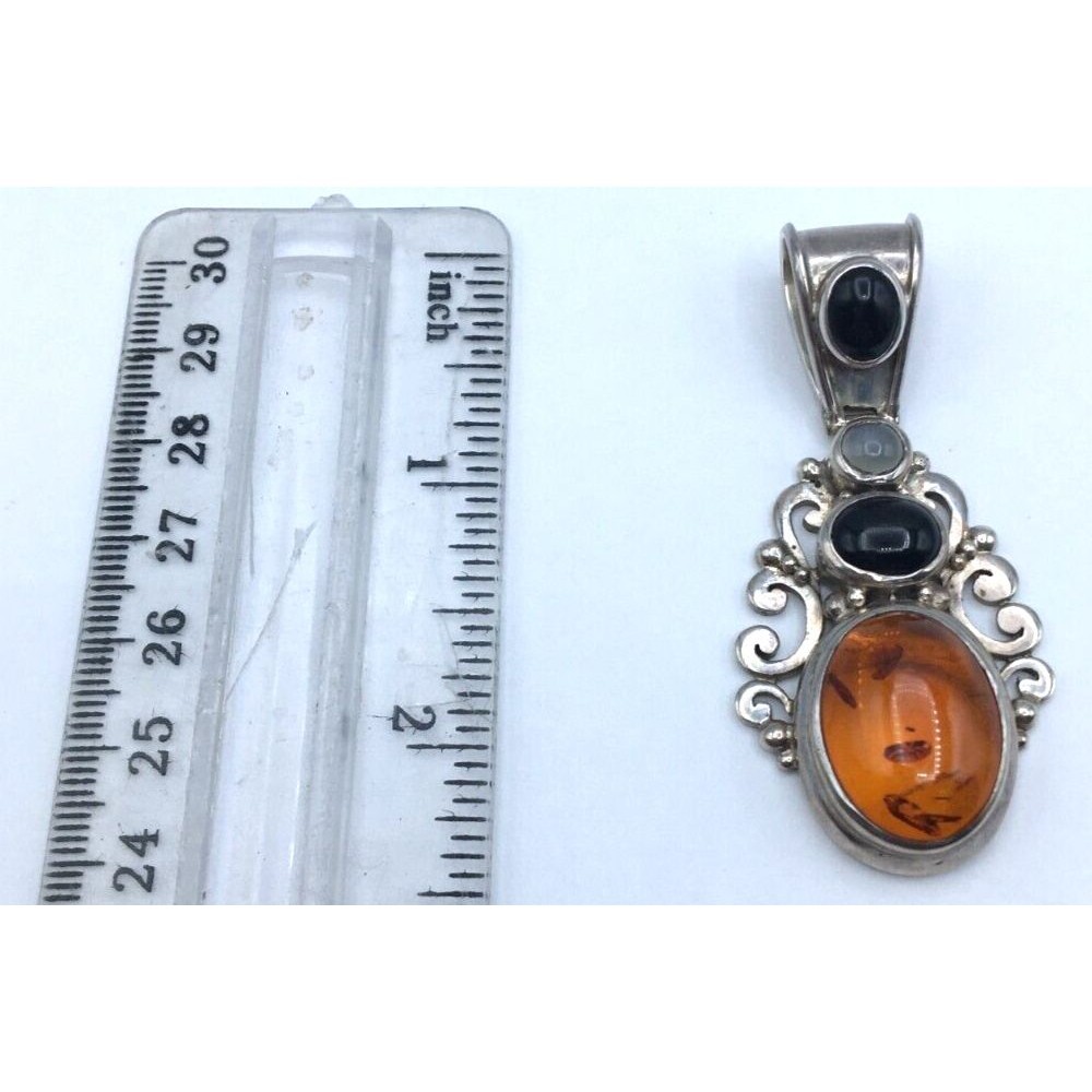 QVC Suarti Amber, Black & Sterling Silver Onyx Moonstone Pendant Indonesia EUC